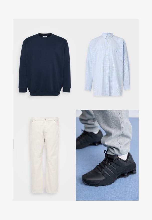 Marineblaues Sweatshirt aus weichem Baumwoll-Mix, mit Rundhalsausschnitt, langen Ärmeln sowie gerippten Bündchen und Saum. Minimalistisches Design ohne Muster.; Hellblaues Langarmhemd mit kleinem Karomuster und spitzem Kragen auf einfarbigem Hintergrund.; Weiße Denim-Jeans mit geradem Schnitt, ausgestattet mit einem Knopfverschluss, Gürtelschlaufen und zwei Seitentaschen. Glatte Textur, minimale Details.; Person in schwarzen Nike Shox Sneakers und grauen Jogginghosen, der auf einem hellblauen Teppich steht.