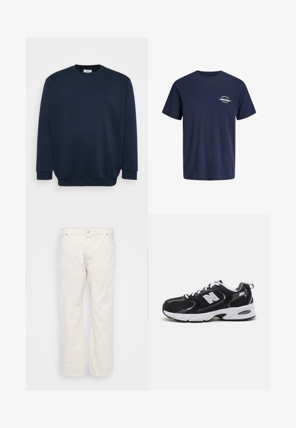 Marineblaues Sweatshirt aus weichem Baumwoll-Mix, mit Rundhalsausschnitt, langen Ärmeln sowie gerippten Bündchen und Saum. Minimalistisches Design ohne Muster.; Marineblaues T-Shirt mit kurzen Ärmeln und Rundhalsausschnitt mit kleinem weißen Schriftzug "Definition of Jack & Jones" auf der linken Brust.; Weiße Denim-Jeans mit geradem Schnitt, ausgestattet mit einem Knopfverschluss, Gürtelschlaufen und zwei Seitentaschen. Glatte Textur, minimale Details.; Schwarze und graue Sportschuhe mit Obermaterial aus Mesh und Wildleder, ausgestattet mit einer weißen Zwischensohle, Schnürsenkeln und einem markanten "N"-Logo an der Seite.