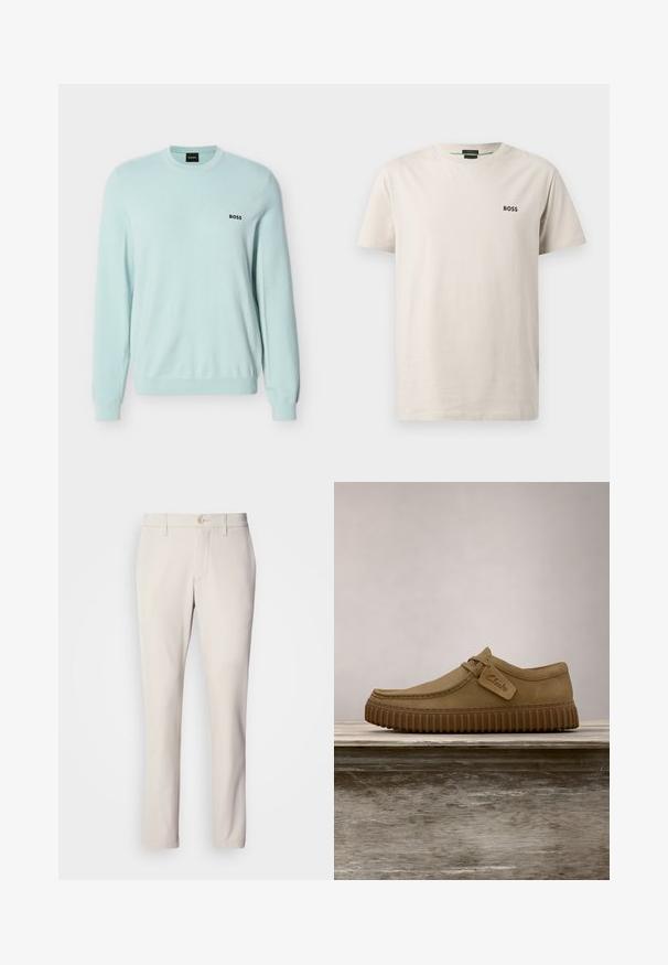 Lichtblauwe trui met lange mouwen, ronde hals, geribbelde manchetten en het "BOSS"-logo geborduurd op de linkerborst.; Lichtbeige katoenen T-shirt met een ronde hals, korte mouwen en een klein zwart "BOSS"-logo op de linkerborst. Gladde textuur.; Beige broek met een slim fit, voorzien van een sluiting met een voorste knoop, een vlakke voorkant en een rechte pijp, gemaakt van een gladde katoenmix.; Lichtbruine suède schoenen met een ronde neus, gestikte details en een geribbeld bruine rubberen zool. Bevat een zijlabel met het "Clarks" logo.
