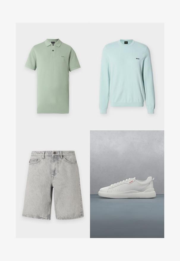 Pull tricoté bleu clair à manches longues avec col rond, poignets en côtes et logo "BOSS" brodé sur le côté gauche de la poitrine.; Polo vert clair en coton, avec col, manches courtes et patte à trois boutons. Logo BOSS brodé sur la poitrine.; Shorts en jean gris clair avec fermeture par bouton et fermeture éclair, passants pour ceinture et poches avant, présentés sur un fond blanc.; Sneaker blanche avec une finition en cuir lisse, bout rond, quatre œillets, perforations subtiles et un détail de logo rouge sur le côté.