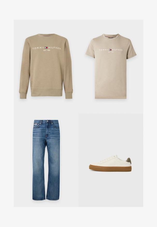 Beige Tommy Hilfiger sweatshirt med lange ærmer, rund hals og logotekst "Tommy Hilfiger Est. 1985" med flagemblem på brystet.; Kortærmet beige T-shirt lavet af bomuld. Har "TOMMY HILFIGER EST. 1985" tekstlogo trykt i hvidt hen over brystet. Rund halsudskæring.; Blå lige ben denim jeans med let bleget effekt, frontlukning med knap og et lille logo mærke på den højre forlommer.; Hvide lædersneakers med rund tå, gummisål og olivengrøn hælaccent. Har snørelukning og minimal syning.