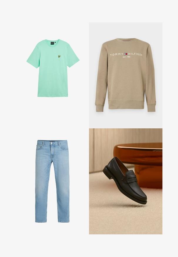 Beige Tommy Hilfiger sweatshirt med lange ærmer, rund hals og logotekst "Tommy Hilfiger Est. 1985" med flagemblem på brystet.; Mintgrøn bomuld t-shirt med korte ærmer, rund hals og en lille gul sommerfuglelogo broderet på venstre bryst.; Lyseblå straight-leg denim jeans med knaplukning foran, lynlås og fem-lommer design.; Sort læder herreloafer med bånd tværs over toppen, vist på beige tæppe nær et brunt moderne rundt bord.