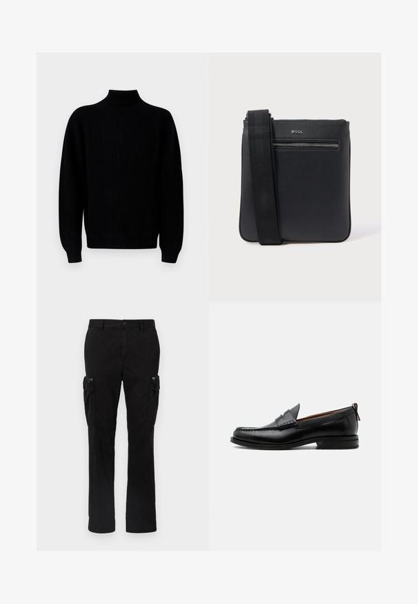 Mustapaitainen ribbiknit-tavi, jossa on pitkät hihat ja korkea mock neck -kaulus, esillä valkoisella taustalla.; Mustat cargo-housut, jotka on valmistettu puuvillasta. Niissä on kaksi sivutaskua, suora lahje muotoilu ja näkyvät tikkaukset saumoissa.; Miesten musta nahka loafer mokkakengännissäpäällysteisesti, pennihihnalla, teksturoidulla kauluksella ja matalalla pinotulla korolla valkoisella taustalla.; Musta nahkainen olkalaukku, jossa on teksturoitu pinta, säädettävä hihna ja etutasku vetoketjulla. Hopeanvärinen logoyksityiskohta edessä.