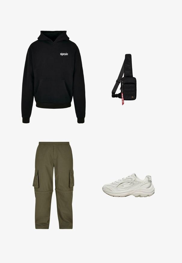 Zwarte hoodie van zachte stof met een kangoeroezak en een capuchon met trekkoord. De voorkant heeft een witte tekstlogo in een gestileerd lettertype.; Olijfgroene cargobroek gemaakt van lichtgewicht stof, met meerdere zijzakken, een elastische tailleband en een recht gesneden ontwerp.; Witte sneaker met een gestructureerd bovenwerk en een dikke zool. Kenmerken zijn onder andere gebogen lijnen, subtiele grijze accenten en een veterontwerp.; Zwarte schoudertas gemaakt van gestructureerde stof. Heeft een hoofdvak met rits, een voorvak met band, een verstelbare riem en een decoratief label.