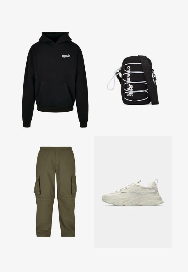 Schwarzer Hoodie aus weichem Material mit einer Kängurutasche und verstellbarem Kapuzenzug. Auf der Vorderseite befindet sich ein weißes Textlogo in stilisierter Schriftart.; Olivgrüne Cargo-Hosen aus leichtem Material, mit mehreren Seitentaschen, einem elastischen Bund und einem geraden Schnitt.; Klobiger weißer Sneaker mit Netzakzenten, texturierter Gummisohle und abgerundeter Form. Verfügt über minimalistisches Branding und eine Ziehschlaufe an der Ferse.; Schwarze Umhängetasche mit weißen elastischen Schnüren, silbernen Beschlägen und dem Aufdruck "KARL LAGERFELD JEANS" in Weiß auf der Vorderseite, mit breitem schwarzem Träger.
