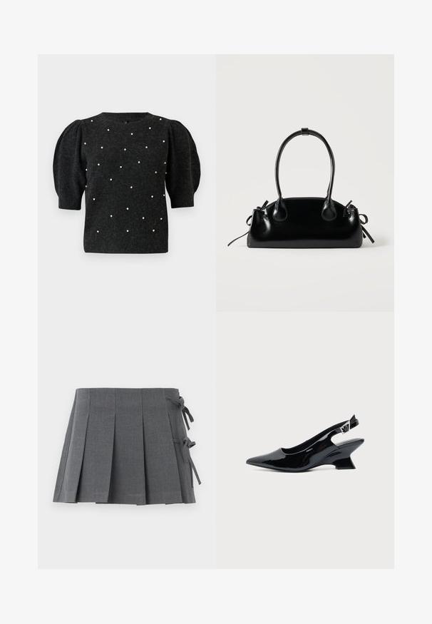Pull en maille noir avec des manches bouffantes et un col en V. Décoré d'accents en perles blanches répartis uniformément sur le devant.; Jupe mini plissée grise en tissu texturé, avec une fermeture à nouer sur un côté et une ceinture lisse pour plus de confort.; Chaussure slingback en cuir verni noir avec bout pointu et petit talon bloc incliné sur fond clair uni.; Petit sac à main noir brillant avec deux longues anses et des détails à cordon sur les côtés sur un fond clair uni.