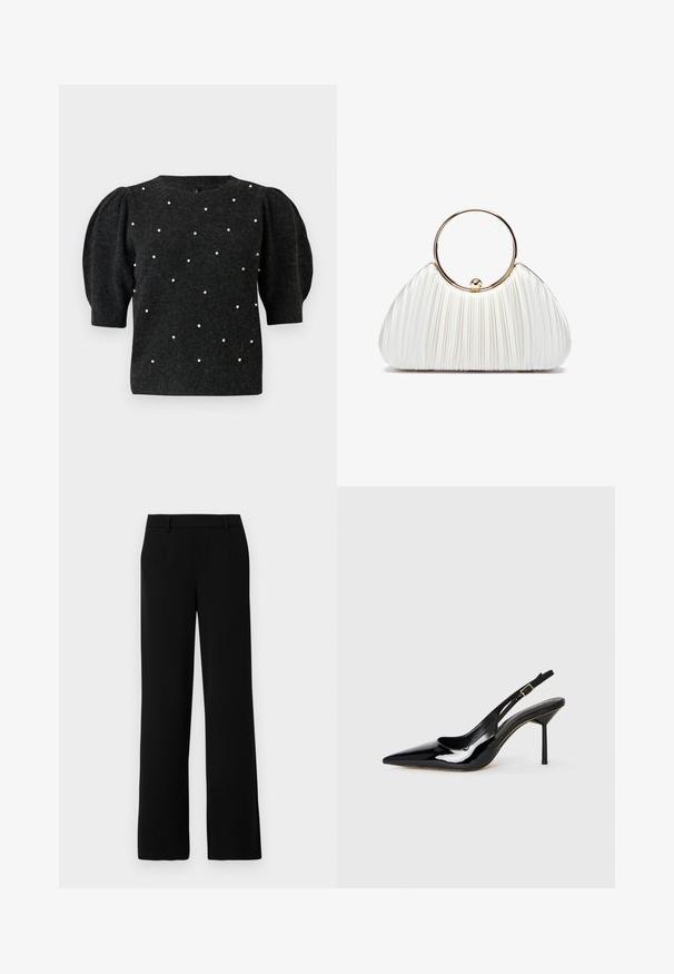 Pull en maille noir avec des manches bouffantes et un col en V. Décoré d'accents en perles blanches répartis uniformément sur le devant.; Pantalons larges noirs en tissu lisse, avec une taille plate, deux poches latérales et une ceinture ajustée pour un look raffiné.; Sandale à talon aiguille en cuir verni noir à bout pointu, avec une fine sangle et une boucle dorée sur fond blanc.; Sac à main plissé blanc avec une poignée circulaire en or, doté d'un tissu doux et d'une forme arrondie. Design élégant avec une finition texturée.