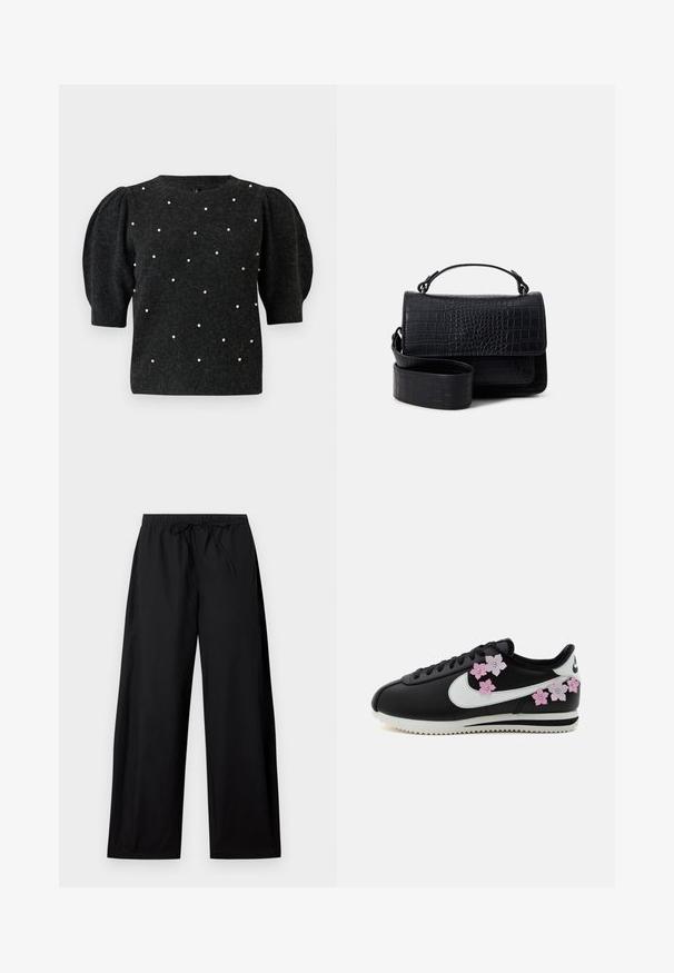 Pull en maille noir avec des manches bouffantes et un col en V. Décoré d'accents en perles blanches répartis uniformément sur le devant.; Pantalons larges noirs avec une taille élastique et un cordon de serrage. Fabriqués en tissu léger, présentant une texture lisse et un design simple.; Baskets basses noires avec semelle blanche et swoosh, décorées d'appliques florales roses et violettes le long des côtés.; Sac en bandoulière noir en cuir texturé crocodile avec une sangle amovible et une poignée supérieure, doté d'une fermeture à rabat et d'une finition lisse.