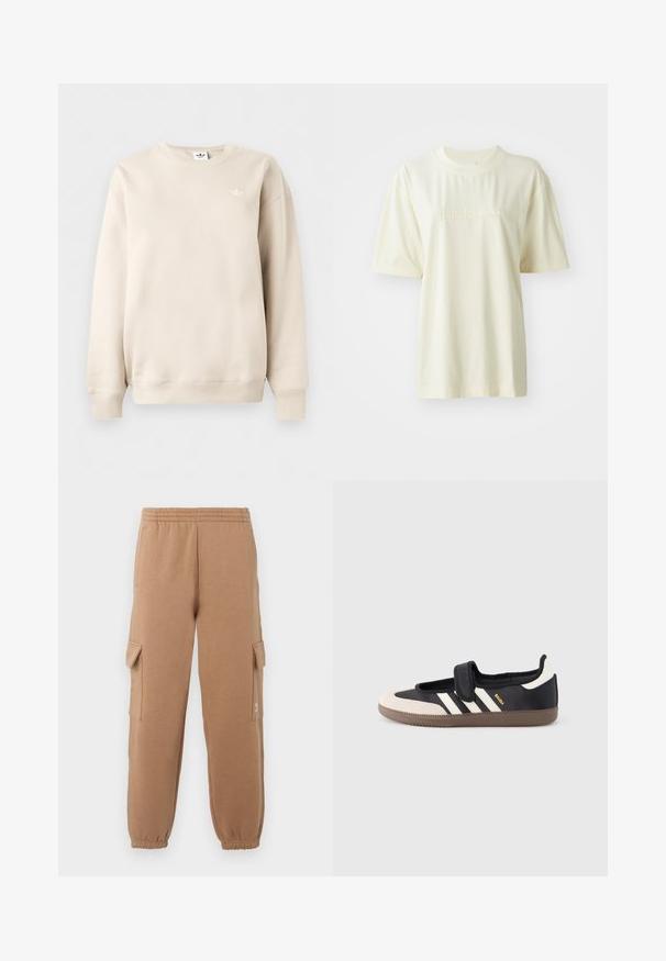 Beiger Sweatshirt mit Rundhalsausschnitt und langen Ärmeln, mit gerippten Bündchen an Ärmeln und Saum, mit kleinem weißem Adidas Trefoil-Logo auf der linken Brust.; Cremefarbendes Baumwoll-T-Shirt mit Rundhalsausschnitt, kurzen Ärmeln und eingeprägtem "adidas"-Logo auf der Brust. Glatte Textur und lockere Passform.; Beige Cargo-Hosen aus weichem Stoff mit einem elastischen Bund, angeschnittenen Knöcheln und seitlichen Taschen, die ein kleines Logodetail aufweisen.; Schwarzer und beiger Sneaker mit Klettverschluss, drei weißen Streifen an der Seite und einer strukturierten braunen Gummisohle. Markenlogo sichtbar.