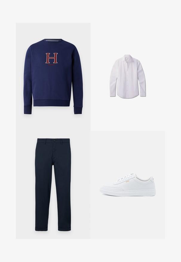 Námornícka modrá mikina vyrobená z mäkkého materiálu, s vyšitým červeným logom "H" a "Hackett" v strede, s rebrovanými manžetami a lemom.; Mladý muž s krátkymi kučeravými vlasmi, oblečený v bielej zapínanej košeli a čiernych nohaviciach, stojaci s rukami za chrbtom.; Námornícke modré nohavice z bavlny, s rovnými nohavicami, zapínaním na gombík, prednými vreckami a zvinutými manžetami pre úhľadný vzhľad.; Biele kožené tenisky s hladkým povrchom, zaoblenou špičkou a tónovým prešívaním. Obsahujú modré šnúrky a zlaté logo na boku.