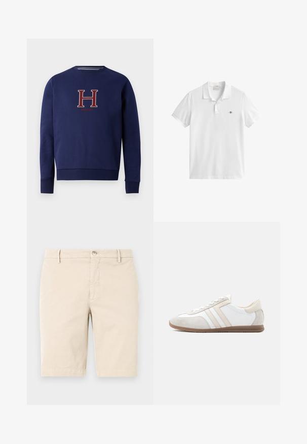Sweatshirt bleu marine confectionné en tissu doux, avec un logo brodé rouge "H" et "Hackett" au centre, des poignets et un ourlet côtelés.; Polo blanc à manches courtes avec deux boutons et petit logo écusson brodé sur la poitrine gauche.; Shorts en coton beige avec une taille plate, une fermeture éclair, un bouton et des poches latérales. Texture lisse et design longueur genou.; Baskets basses blanches et beiges avec des accents en daim, fermeture à lacets, et semelle en caoutchouc marron, vues de profil sur un fond uni.