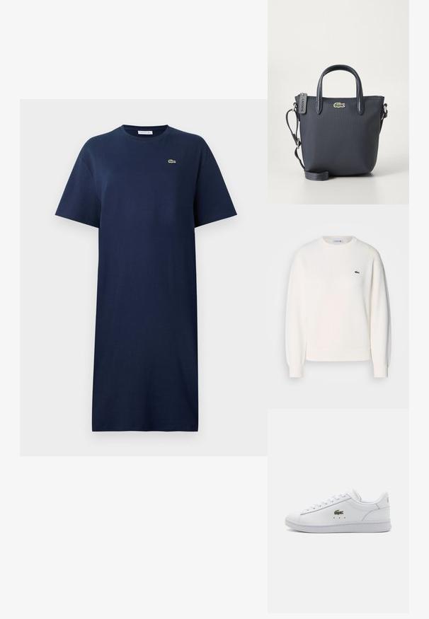 Biela mikina vyrobená z mäkkej textílie, s klasickým okrúhlym výstrihom, dlhými rukávmi, ribovanými manžetami a malým zeleným logom Lacoste na hrudi.; Námornícky modrá bavlnená šaty s krátkymi rukávmi, okrúhlym výstrihom a malým zeleným logom na hrudi. Priamy strih, po kolená.; Biele kožené tenisky s okrúhlou špičkou, šnúrkovým zapínaním vpredu, zeleným krokodílom ako logom a jemnými čiernymi bodkami; plochá gumová podrážka; minimalistický dizajn.; Námornícky modrá kabelka s textúrovanou tkaninou, dvoma hornými držadlami a odnímateľným popruhom. Obsahuje malé logo Lacoste a zipsové uzatvorenie.