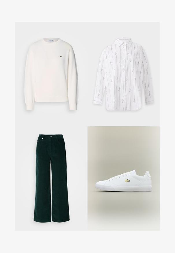Witte sweatshirt van zacht materiaal, met een ronde hals, lange mouwen, ribgebreide manchetten en een klein groen Lacoste-logo op de borst.; Wit overhemd met lange mouwen en knopen, met dunne zwarte verticale strepen en cursief "hugo" tekst, die herhaald wordt langs de strepen op een effen achtergrond.; Wijd uitlopende ribfluwelen broek in donker groen. Voorzien van een horizontale geribbelde textuur, steekzakken aan de voorkant en een knoopsluiting met merkdetails.; Witte sneaker van glad leer met een ronde neus, platte veters en een klein gouden logo. Heeft een gestructureerde rubberen zool en een eenvoudig ontwerp.