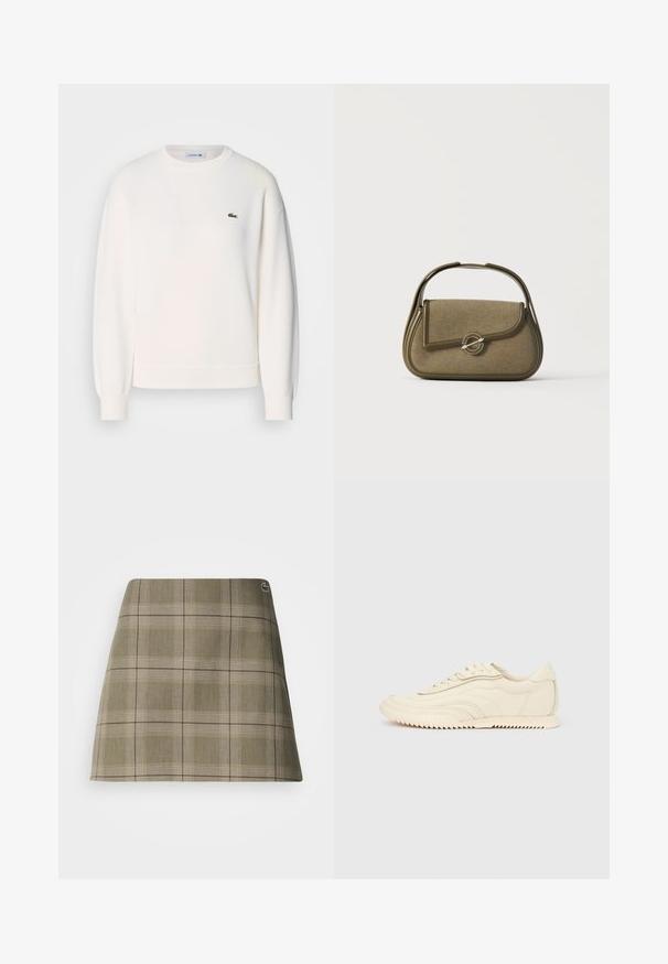Hvid sweatshirt lavet af blødt stof, med rund halsudskæring, lange ærmer, ribbede manchetter og et lille grønt Lacoste-logo på brystet.; Skotsk ternet mini nederdel i olivengrøn og beige, med et lige design, en subtil struktur og en lille logoaccent nær taljen.; Lavprofileret sneaker i cremefarve med bølget syning, snørebånd og en rilleret sål, vist fra siden på en ensfarvet baggrund.; Lille olivengrøn håndtaske med afrundede kanter, et topgreb og en klaplukning sikret med en cirkulær metalbeslag.