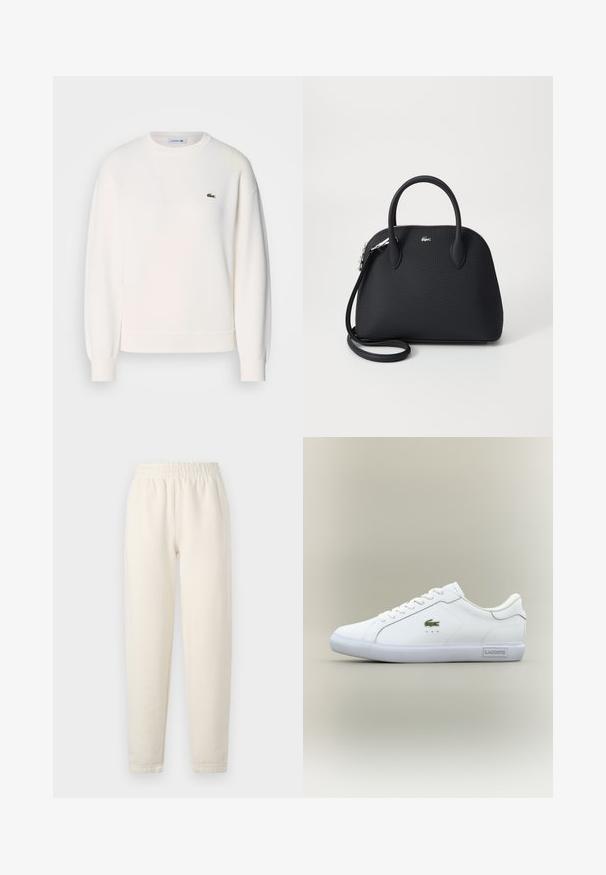 Hvid sweatshirt lavet af blødt stof, med rund halsudskæring, lange ærmer, ribbede manchetter og et lille grønt Lacoste-logo på brystet.; Cremefarvede sweatpants lavet af blødt stof. Har en elastisk talje og tapered ben design med subtile stikningsdetaljer.; Hvide sneakers med lav hæl og hvide snørebånd, grønt krokodille-logo på siden og "Lacoste" mærke på sålen mod en neutral baggrund.; Sort håndtaske lavet af tekstureret materiale, med to top håndtag og en aftagelig skulderrem, prydet med et sølv logo.