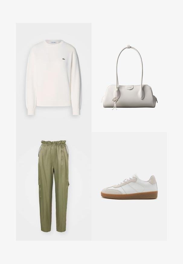 Hvid sweatshirt lavet af blødt stof, med rund halsudskæring, lange ærmer, ribbede manchetter og et lille grønt Lacoste-logo på brystet.; Oliven grønne cargo bukser med elastisk talje og snøre, tætsiddende ben og en sidelomme. Glat stof med en mat overflade.; Hvide lædersneakers med beige ruskindsdetaljer, struktureret tunge og gummisål. Har hvide snørebånd og diskrete stikninger.; Hvid Calvin Klein skuldertaske med lange håndtag, rektangulær form, lynlåslukning og dekorativt logohæng tæt på håndtaget.