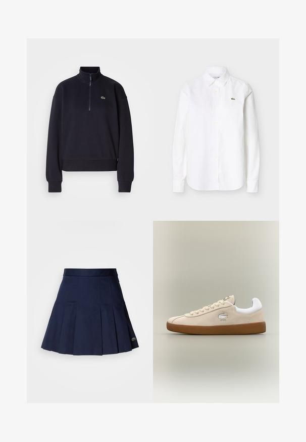 Sudadera azul marino con cuello alto y cremallera de cuarto, presenta mangas largas y un dobladillo acanalado. Incluye un pequeño logotipo verde en el pecho.; Camisa blanca de manga larga con botones y cuello, con un pequeño logo de cocodrilo verde en el pecho izquierdo.; Falda plisada azul marino con una cintura ajustada, fabricada con una tela suave. Presenta un pequeño logotipo de Lacoste en el dobladillo.; Zapatillas de ante beige con acentos blancos y suela de goma. Presentan un logo elevado en el lateral y cordones beige en contraste. Diseño clásico.