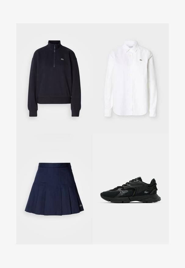 Navy blue collegepaita korkealla kauluksella ja neljännesvetoketjulla, jossa on pitkät hihat ja ribbireuna. Rinnassa on pieni vihreä logo.; Valkoinen pitkähihaisen napillinen paita, jossa on kaulus ja pieni vihreä krokotiililogot vasemmassa rinnassa.; Navy pleated skirt with a fitted waistband, made from a smooth fabric. Features a small Lacoste logo on the hem.; Musta urheilukenkä, jossa on verkko- ja synteettisiä materiaaleja, teksturoituja yksityiskohtia, nauhakiinnitys ja näkyvä logo sivulla.