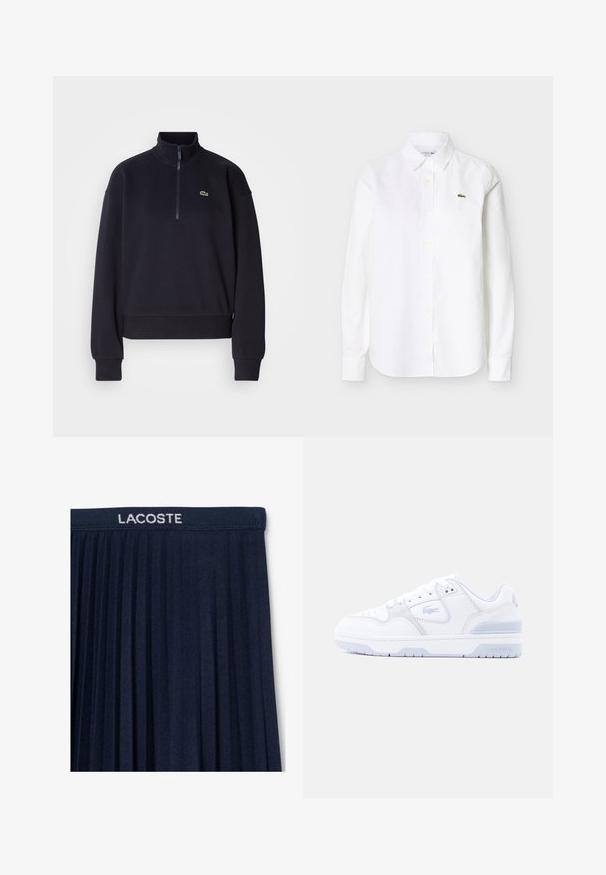 Marineblauwe sweatshirt met een hoge kraag en kwart-rits, voorzien van lange mouwen en een ribbelzoom. Inclusief een klein groen logo op de borst.; Wit overhemd met lange mouwen en knopen, voorzien van een kraag en een klein groen krokodillenlogo op de linkerborst.; Marineblauwe geplisseerde rok met een elastische tailleband en witte "LACOSTE"-logo. Zachte stofstructuur met verticale plooien voor beweging.; Witte lage Lacoste sneaker met gestikte details, veters, geperforeerde neus en gebosseleerd krokodillenlogo op de zijkant en zool.