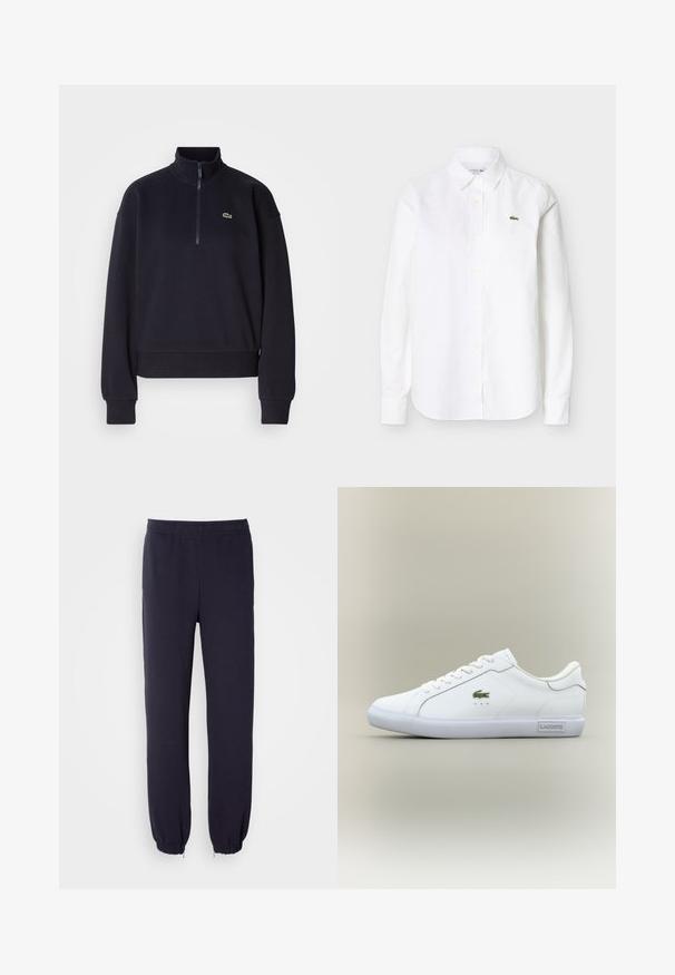 Marineblå sweatshirt med høj krave og lynlås i kvart længde, med lange ærmer og ribbet kant. Inkluderer et lille grønt logo på brystet.; Hvid skjorte med lange ærmer og knapper samt krave, med en lille grøn krokodille-logo på venstre bryst.; Marineblå sweatpants med elastisk talje og snoreforbundne nederste kanter. Fremstillet af blød stof med en glat tekstur, uden synlige mønstre eller udsmykninger.; Hvide sneakers med lav hæl og hvide snørebånd, grønt krokodille-logo på siden og "Lacoste" mærke på sålen mod en neutral baggrund.
