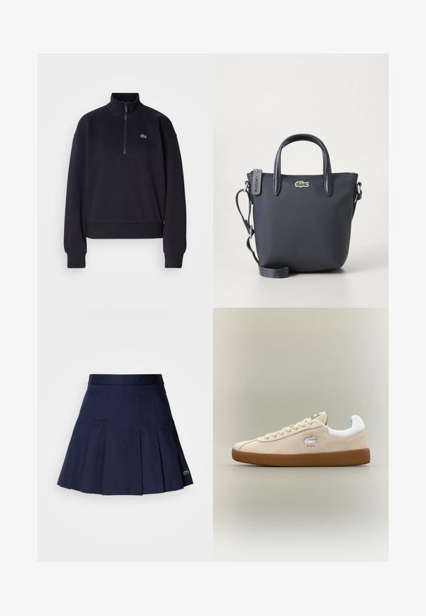 Marineblå sweatshirt med høj krave og lynlås i kvart længde, med lange ærmer og ribbet kant. Inkluderer et lille grønt logo på brystet.; Mørkeblå plisseret nederdel med en tætsiddende talje, lavet af et glat stof. Har et lille Lacoste-logo i kanten.; Beige ruskinds sneakers med hvide detaljer og gummisål. Har et hævet logo på siden og kontrasterende beige snørebånd. Klassisk design.; Mørkeblå håndtaske med tekstureret stof, to topreadere og en aftagelig rem. Har et lille Lacoste-logo og lynlås i lukningen.