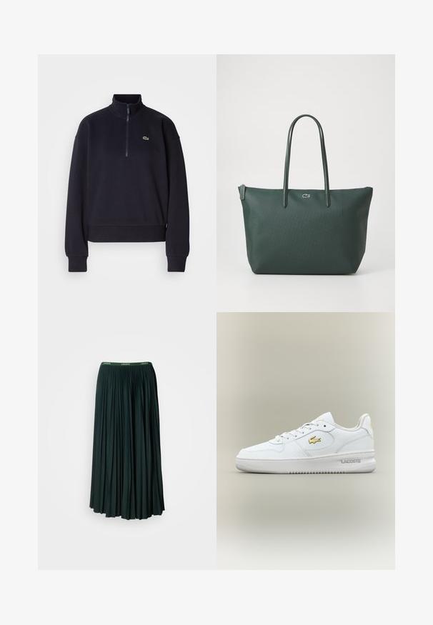 Marineblauwe sweatshirt met een hoge kraag en kwart-rits, voorzien van lange mouwen en een ribbelzoom. Inclusief een klein groen logo op de borst.; Lange, geplooide rok in donkergroen met een brede tailleband met de merknaam "LACOSTE" in contrasterende groene letters.; Witte lage Lacoste sneaker met gouden logo aan de zijkant, witte veters en rubberen zool tegen een neutrale achtergrond.; Donkergroene totebag gemaakt van textuurmateriaal met twee lange handvatten, voorzien van een klein logo aan de voorkant en een ritsafsluiting.