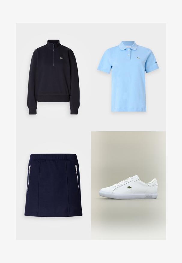 Sweatshirt bleu marine avec col haut et zip quart, doté de manches longues et d'un ourlet côtelé. Comprend un petit logo vert sur la poitrine.; Polo à manches courtes bleu clair avec deux boutons blancs, un col doux et un petit logo crocodile vert sur la poitrine gauche.; Jupe bleu marine en tissu doux, dotée de poches zippées blanches, au design ajusté et à la texture lisse. Longueur mi-cuisse.; Baskets basses blanches avec lacets blancs, logo crocodile vert sur le côté et étiquette "Lacoste" sur la semelle, le tout sur un fond neutre.