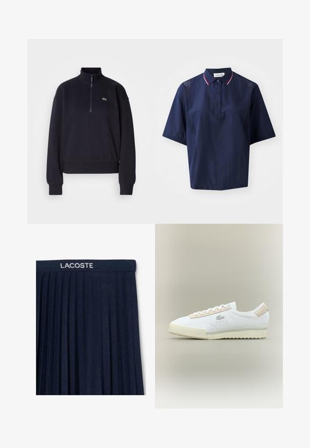 Marineblå sweatshirt med høj krave og lynlås i kvart længde, med lange ærmer og ribbet kant. Inkluderer et lille grønt logo på brystet.; Mørkeblå kortærmet polo shirt med knaplukning, kontrasterende krave med røde og hvide detaljer samt perforerede sider for åndbarhed.; Marinblå plisseret nederdel med elastisk talje og hvid "LACOSTE" logo. Blød stofstruktur med lodrette plisseringer for bevægelse.; Hvide lædersneakers med en beige ruskindsdetalje. Har en rund tå, flade snørebånd og en tekstureret sål. Lacoste-logo på siden.