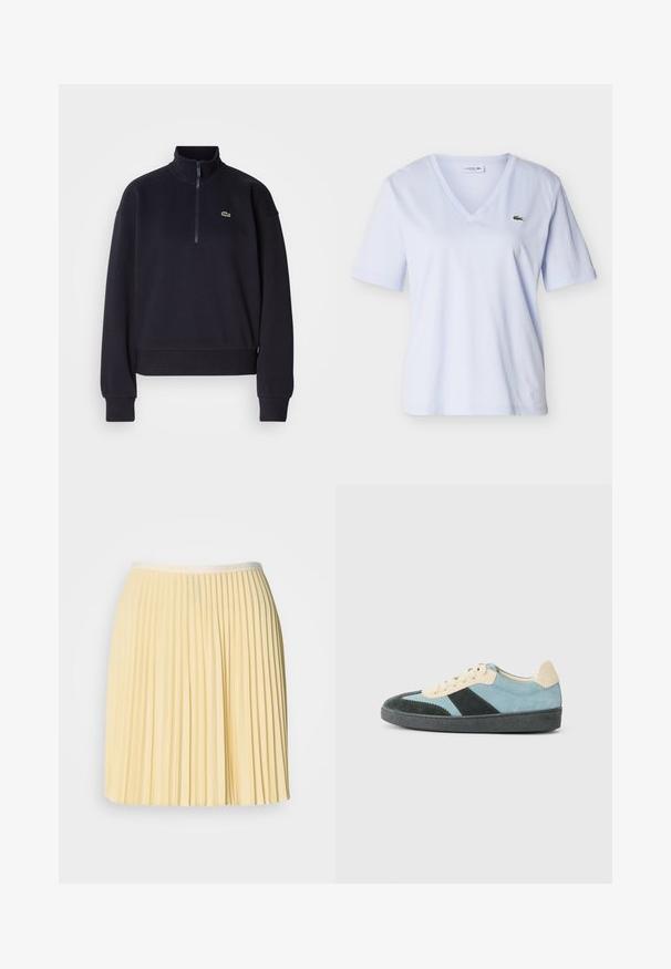 Sweatshirt bleu marine avec col haut et zip quart, doté de manches longues et d'un ourlet côtelé. Comprend un petit logo vert sur la poitrine.; Chemise bleu clair à col en V et manches courtes avec un petit logo crocodile vert sur le côté gauche de la poitrine, présentée sur un fond uni.; Jupe plissée jaune pâle avec une taille portant le logo Lacoste. Fabriquée en matériau léger, elle présente un design fluide et une texture douce.; Baskets basses en suède bleu clair, vert foncé et beige avec semelle noire et lacets beiges, présentées de l'extérieur.
