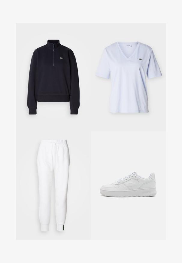 Marineblå sweatshirt med høj krave og lynlås i kvart længde, med lange ærmer og ribbet kant. Inkluderer et lille grønt logo på brystet.; Lyseblå kortærmet T-shirt med V-hals og en lille grøn krokodille-logo på venstre bryst, vist på en ensfarvet baggrund.; Hvide joggerbukser med elastisk talje og snøre, der har sidelommer og ribbet manchetter. Blødt stof med broderet logodetalje.; Hvide lædersneakers med lavt design, tekstureret overflade, rund tå, perforeringer for åndbarhed og præget logo på siden.