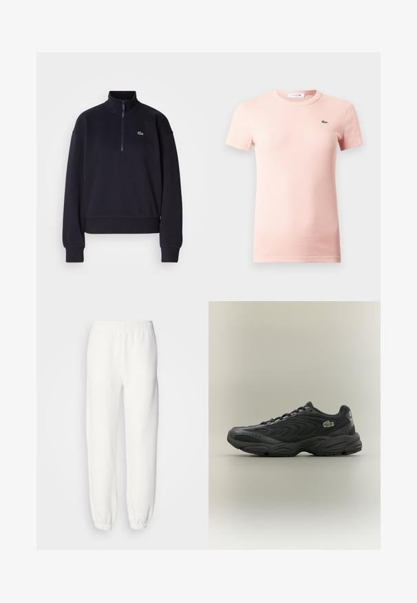 Navy blue collegepaita korkealla kauluksella ja neljännesvetoketjulla, jossa on pitkät hihat ja ribbireuna. Rinnassa on pieni vihreä logo.; Vaaleanpunainen ribbineulottu lyhythihainen T-paita pyöreällä pääntiellä ja pienellä vihreällä Lacoste-krokotiililogolla vasemmassa rinnassa.; Valkoiset collegehousut, jotka on valmistettu pehmeästä neulottusta kankaasta. Joustava vyötärö ja hihansuut tarjoavat rennon istuvuuden. Minimalistinen muotoilu, ei näkyviä kuvioita tai yksityiskohtia.; Musta urheilukenkä, jossa on teksturoitu päällinen, aaltoileva muotoilu ja pehmustettu nilkkaosa. Ominaisuuksiin kuuluu kumipohja ja pieni vihreä logo kyljessä.