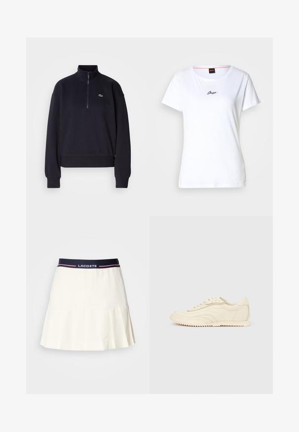 Sweatshirt bleu marine avec col haut et zip quart, doté de manches longues et d'un ourlet côtelé. Comprend un petit logo vert sur la poitrine.; T-shirt en coton blanc à manches courtes et col rond. Présente un logo "Boss" en écriture cursive noire sur le devant. Design simple.; Jupe plissée blanche avec une ceinture marine arborant un logo Lacoste et des accents rouges. Fabriquée dans un matériau lisse et doux.; Baskets basses de couleur crème avec des coutures ondulées, une fermeture à lacets et une semelle crantée, vues de côté sur un fond uni.