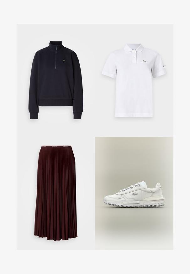 Marineblauwe sweatshirt met een hoge kraag en kwart-rits, voorzien van lange mouwen en een ribbelzoom. Inclusief een klein groen logo op de borst.; Witte polo met korte mouwen, twee knopen, een klein groen krokodillenlogo op de linkerborst en een subtiel zwart logo op de linkermouw.; Bordeaux plissé rok van zachte stof met een elastische tailleband en een subtiele logo. Volledige lengte ontwerp met verticale plooien.; Witte lage sneaker met gestructureerde zool, vetersluiting en klein logo aan de zijkant tegen een effen neutrale achtergrond.