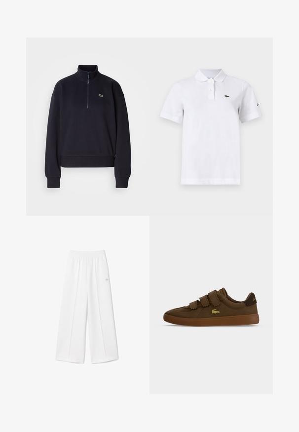 Marineblå sweatshirt med høj krave og lynlås i kvart længde, med lange ærmer og ribbet kant. Inkluderer et lille grønt logo på brystet.; Hvid polo-shirt med korte ærmer med to knapper, en lille grøn krokodille-logo på venstre bryst og et diskret sort logo på venstre ærme.; Hvide bukser med brede ben, elastisk taljebånd, blød stoftekstur, centralt plissering og et lille Lacoste-logo broderet på siden.; Brun lavtop sneaker med tre velcrostropper, gummisål og et gyldent krokodillelogo på siden, vist på en ensfarvet baggrund.