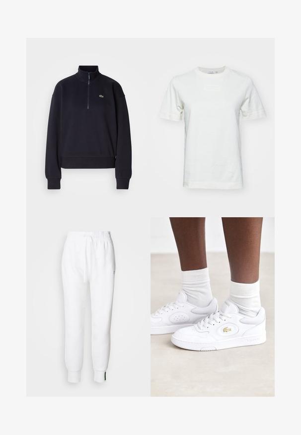 Marineblå sweatshirt med høj krave og lynlås i kvart længde, med lange ærmer og ribbet kant. Inkluderer et lille grønt logo på brystet.; Hvid bomulds t-shirt med korte ærmer, rund hals og et tekstureret "LACOSTE" logo på fronten. Glat stof med en regular fit.; Hvide joggerbukser med elastisk talje og snøre, der har sidelommer og ribbet manchetter. Blødt stof med broderet logodetalje.; Hvide lædersneakers fra Lacoste med perforerede sidepaneler, guld logoaccent og struktureret hvid gummisål. Sammen med hvide sokker.