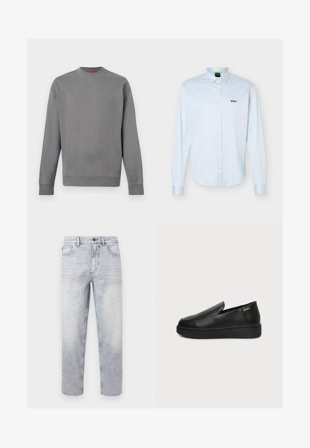 Sweat-shirt gris à manches longues avec col rond, poignets et ourlet côtelés, logo "HUGO" discrètement embossé sur la poitrine.; Chemise bleu clair à manches longues, boutonnée avec col, logo noir "BOSS" sur le côté gauche de la poitrine, et poignets avec boutons.; Jean en denim gris clair délavé pierre avec fermeture par bouton et fermeture éclair, poches avant et arrière, coupe droite.; Chaussure noire en cuir à enfiler avec semelle épaisse et petits trous de ventilation latéraux, avec un logo doré "HUGO" près du talon.