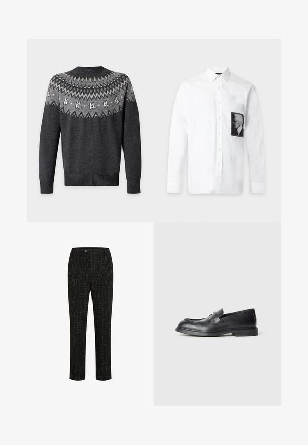 Donkergrijze gebreide trui met lichtergrijze en witte geometrische en zigzag patronen over de borst en schouders, geribbelde manchetten en zoom.; Witte blouse met lange mouwen, knopen en een klassieke kraag, met een zwart-wit profielportretpatch op de linkerborst.; Zwarte op maat gemaakte broek met een gestructureerd patroon van dunne verticale witte lijnen, een rechte snit en een knoopsluiting in de taille.; Zwarte leren loafers met een gestructureerde afwerking, voorzien van een decoratieve voorstrik en een afgeronde neus. Rubberzool voor duurzaamheid.