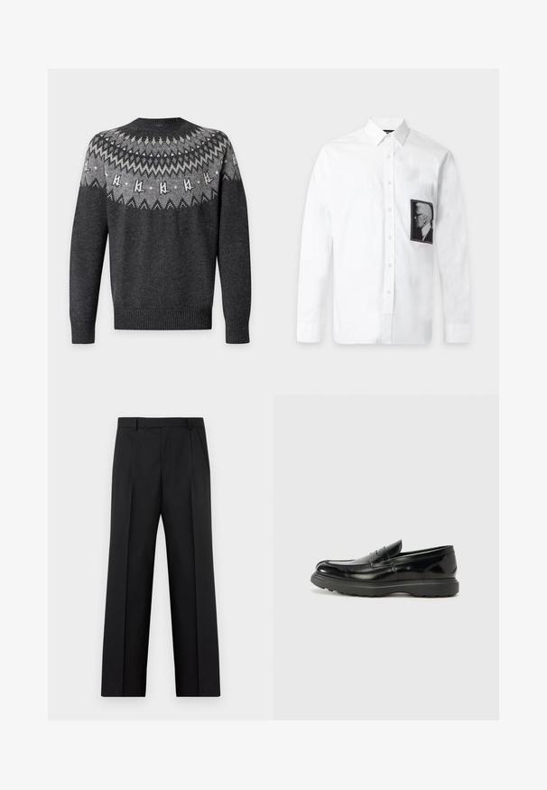 Pull en maille gris foncé avec des motifs géométriques et en zigzag gris clair et blancs sur la poitrine et les épaules, poignets et ourlet côtelés.; Chemise blanche à manches longues boutonnée avec un col classique et un patch portrait de profil noir et blanc sur le côté gauche de la poitrine.; Pantalon noir habillé à jambes droites avec plis avant, poches latérales et taille avec passants de ceinture, présenté à plat sur un fond blanc.; Mocassin en cuir noir avec une finition brillante, bout arrondi, détails de couture subtils et semelle en caoutchouc épaisse pour la durabilité.