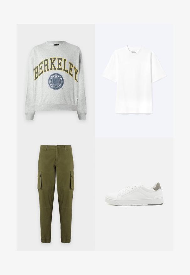 Grauer Sweatshirt mit gelber "BERKELEY"-Aufschrift und blauem Siegel-Design. Rippbündchen an den Armen und am Saum, mit einem Etikett an der unteren linken Seite.; Schlichtes weißes T-Shirt mit kurzen Ärmeln und Rundhalsausschnitt in entspannter Passform, auf hellem Hintergrund dargestellt.; Olivgrüne Cargo-Hosen mit elastischen Bündchen, ausgestattet mit zwei seitlichen Cargo-Taschen, einem vorderen Knopfverschluss und einem glatten, leichten Stoff.; Weißer Sneaker aus glattem Leder, runde Zehenpartie, minimalistisches Design, graue Fersenkante und strukturierte Gummisohle.