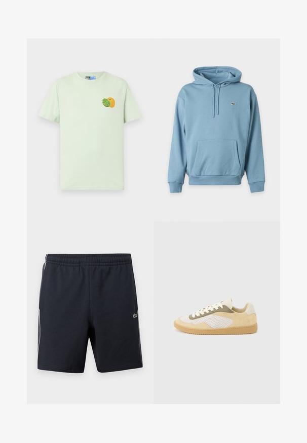 Sweat à capuche bleu clair avec poche kangourou devant, capuche à cordon, poignets côtelés et petit logo crocodile vert sur la poitrine gauche.; T-shirt vert clair à manches courtes avec un petit motif de kiwi et d'orange sur le côté gauche de la poitrine.; Shorts de sport noirs avec une taille élastique, des bandes blanches sur les côtés et un petit logo de crocodile vert sur la jambe droite.; Baskets basses en daim beige, panneaux en maille blanche, accents olive, lacets blancs et semelle en caoutchouc naturel sur fond gris clair.