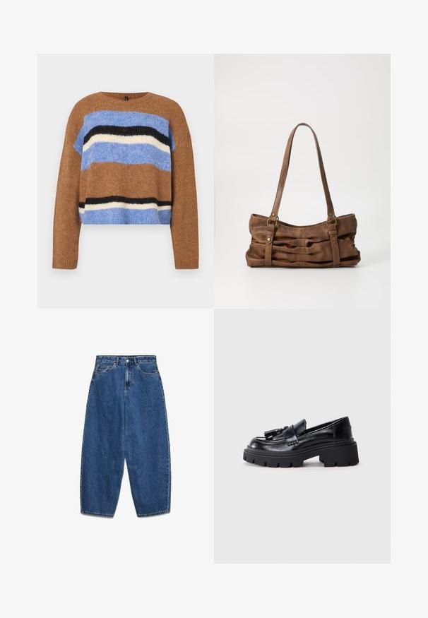 Brun strikket sweater med rund halsudskæring, med vandrette striber i lyseblå, sort og hvid. Blød tekstur, løstsiddende pasform, ribkant forneden.; Blå denimjeans med høj talje, afslappet pasform og lige ben. Klassisk design med fem lommer, lynlås og knaplukning.; Sorte læder loafers med en klumpet, bølget sål, der har en dekorativ kvast på forsiden og en glat, blank overflade.; Even&Odd by Zalando Håndtasker - brown