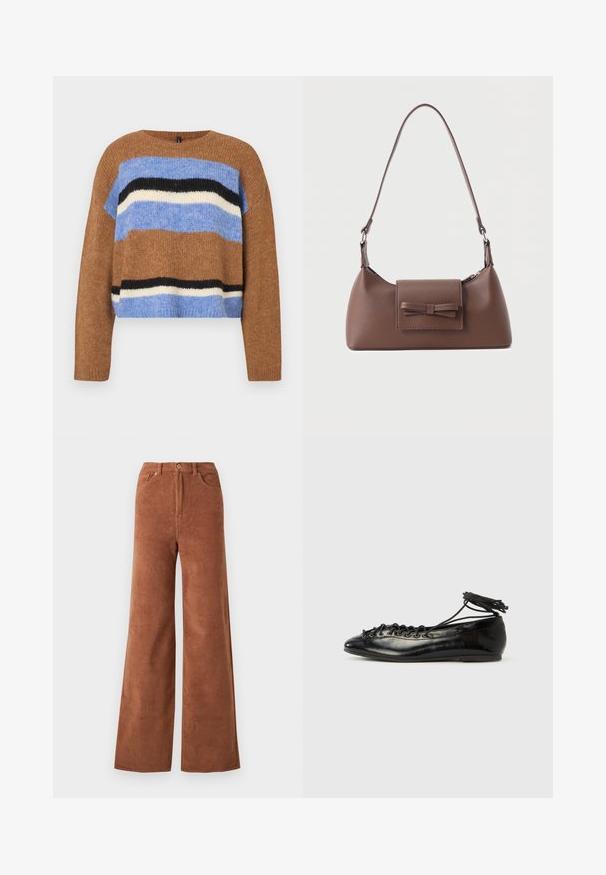 Brun strikket sweater med rund halsudskæring, med vandrette striber i lyseblå, sort og hvid. Blød tekstur, løstsiddende pasform, ribkant forneden.; Bredane corduroy bukser i en dyb brun farve, med lodrette ribber, frontlommer og knaplukning i taljen.; Sorte balletflade sko i laklæder med rundet tå, snørelukning og flad sål. Glat tekstur med få detaljer.; Brun skuldertaske i læder med en frontlomme med klap, der har en sydd sløjfedetalje, og en justerbar rem.