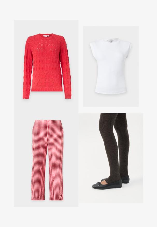 Pull en maille rouge à manches longues avec col rond et motif ajouré oval texturé sur toute la surface.; Haut blanc sans manches côtelé avec épaules rembourrées et col rond, taille petite, étiquette de marque Topshop à l'intérieur du col.; Pantalon droit à carreaux vichy rouge et blanc, pleine longueur, vu de face sur fond uni clair. Pas de poches ni de boutons visibles.; Jambes portant des leggings côtelés foncés associés à des ballerines noires avec de petits détails en nœud sur fond blanc.