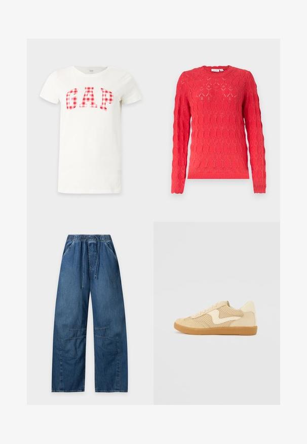 Pull en maille rouge à manches longues avec col rond et motif ajouré oval texturé sur toute la surface.; T-shirt blanc à manches courtes avec un motif à carreaux rouges et blancs formant le mot GAP sur la poitrine.; Pantalon large en denim bleu avec taille élastique et cordon, poches avant et détails de coutures aux genoux, posé à plat sur fond blanc.; Sneaker beige avec des matériaux en daim et en maille, forme arrondie, col rembourré proéminent et semelle en caoutchouc gomme. Présente un accent de design en forme de vague.