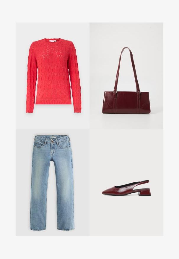 Rode, lange mouwen, gebreide trui met ronde hals en een getextureerd opengewerkt ontwerp met ovale patronen over de hele trui.; Lichtblauwe rechte jeans van denim, met een knoopsluiting, vijf zakken en subtiele vervaging langs de benen.; Maroon leren slingback schoen met puntige neus en lage blokhak, zijaanzicht op een effen lichte achtergrond.; Bourgondische handtas van glanzend materiaal, rechthoekige vorm, met twee schouderbanden en subtiele gebogen accenten aan de voorkant.