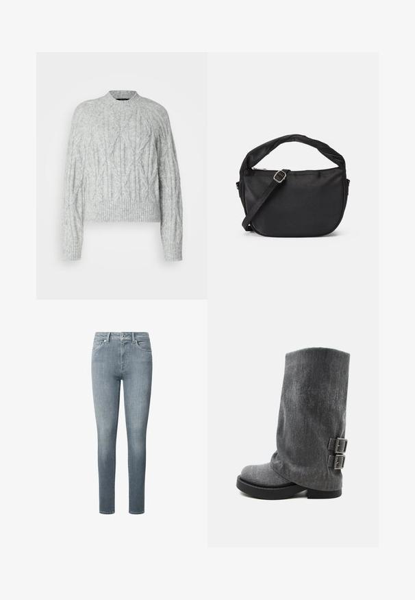 Vero Moda Tall VMBAILY HIGHNECK - Neule - light grey melange; Slim-fit farkut, jotka on valmistettu pehmeästä, vaaleansinisestä denimmateriaalista. Niissä on viisi taskua, vetoketjusuljenta ja vyölenkit, sekä sileä pinta ja vähäinen kuluminen.; Harmaa keskisääreen ulottuva löysä saapas, jossa on musta pohja ja kaksi säädettävää sivuvyötä, esitetty sivuprofiilissa valkoisella taustalla.; Mustalla kankaisella olkalaukulla on kierretty kahva, irrotettava hihna ja vetoketjullinen yläosaverho. Sileä pinta ja minimalistinen muotoilu.