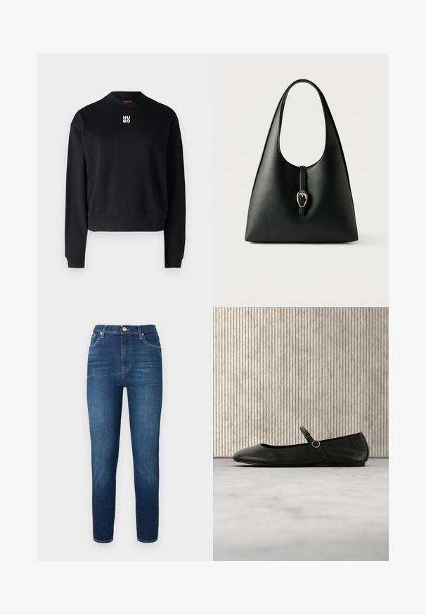 Sort sweatshirt lavet af blødt stof, med rund halsudskæring og ribbede manchetter. "HUGO"-logoet i hvidt er centreret på brystet.; Mørkeblå denimjeans med høj talje, tapered ben og knaplukning. Har subtil falmning og ingen synlige mønstre eller udsmykninger.; Sort læderballetflad med rundet tå, der har en tynd rem og guldfarvet rund hardware. Glat tekstur og minimalistisk design.; Sort læderhåndtaske med et enkelt håndtag og en sølvspænde med remlukning på en hvid baggrund.