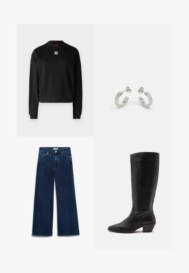 Zwarte sweatshirt van zachte stof, met een ronde halslijn en ribgebreide manchetten. Het "HUGO" logo in het wit is gecentreerd op de borst.; Luxe-wijd denim jeans in donkerblauw met een licht vervaagde afwerking, vijf zakken, knoopsluiting en riemlussen.; Zwarte leren laars tot half op de kuit met een puntige neus en een lage schuine hak op een effen lichte achtergrond.; Zilveren metalen hoepel oorbellen met een gestructureerd ontwerp, voorzien van een kleine post achter en branding op een van de hoepels. Ronde vorm met een gepolijste afwerking.