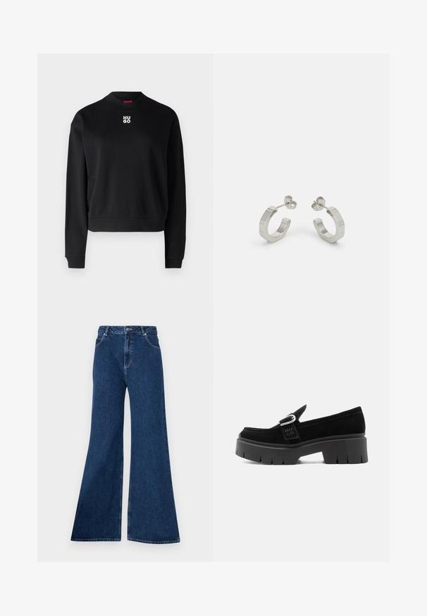 Sort sweatshirt lavet af blødt stof, med rund halsudskæring og ribbede manchetter. "HUGO"-logoet i hvidt er centreret på brystet.; Bredde jeans lavet af denim, med høj talje, fem-lomme design, kontraststikninger og lynlås med knaplukning.; Sort ruskindslipper med kraftig sål, sølvspænde og præget "HUGO" på sidesnoren, vist fra ydersiden.; Sølv metal hoop øreringe med et tekstureret design, der har en lille post bagpå og branding på en af øreringene. Rund form med en poleret overflade.