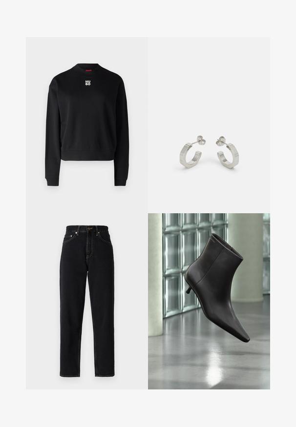 Schwarzer Sweatshirt aus weichem Stoff, mit Rundhalsausschnitt und gerippten Bündchen. Das "HUGO"-Logo in Weiß ist auf der Brust zentriert.; Schwarze Jeans aus Denim mit geradem Bein, hoher Taille und Kontrastnähten. Verfügt über fünf Taschen und einen Reißverschluss.; Schwarzer Leder-Knöchelstiefel mit spitzer Spitze und kleinem Absatz vor einer Wand aus Glasbausteinen und einem polierten Boden.; Silberne Metall-Hoops mit strukturiertem Design, ausgestattet mit einem kleinen Steckverschluss und Branding an einem Hoop. Abgerundete Form mit glänzender Oberfläche.